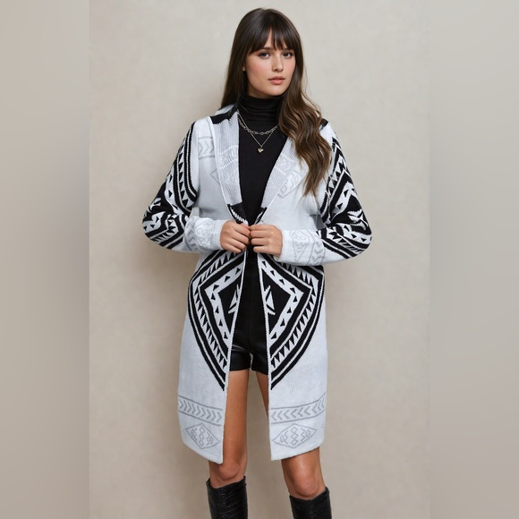 Geo Pattern Open Front Hooded Cardigan - Picture 5 of 10